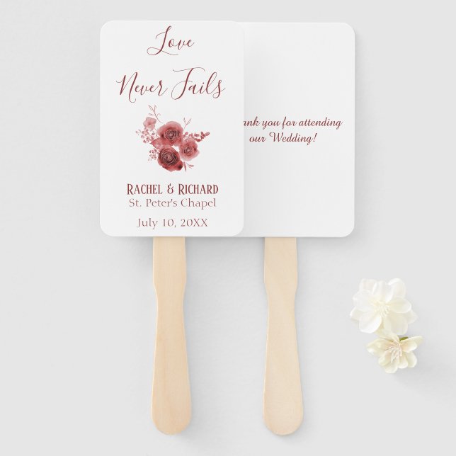 Abanico Borgona amor nunca falla floral Boda (Anverso y reverso)