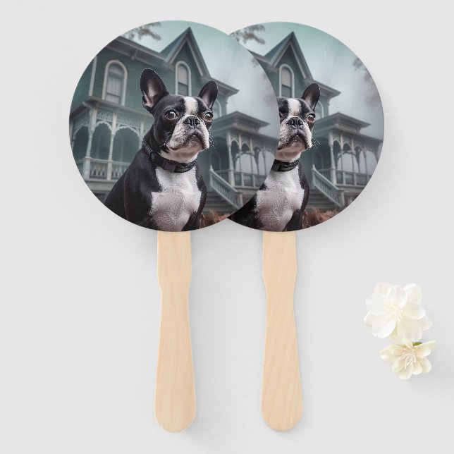 Abanico Boston Terrier Halloween Aterrador (Anverso y reverso)