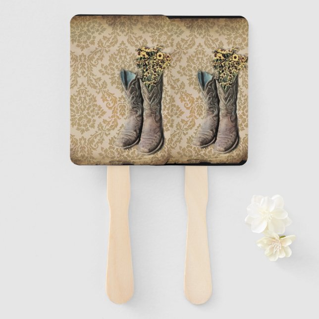 Abanico bota de vaquero rústica damasco de occidente (Anverso y reverso)