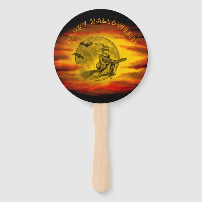 Abanico Bruja voladora con gato negro, noche de halloween (Anverso)