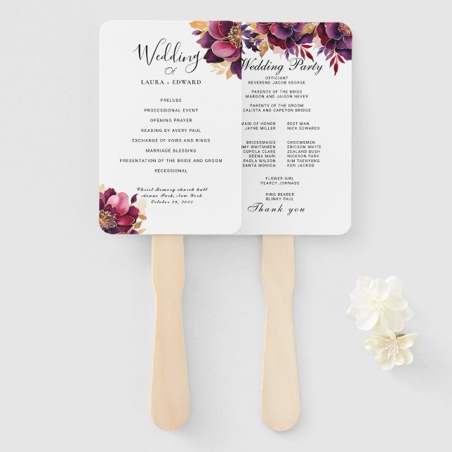 Abanico Burgundy Bliss: Elegante patrón de vino floral en  (Anverso y reverso)