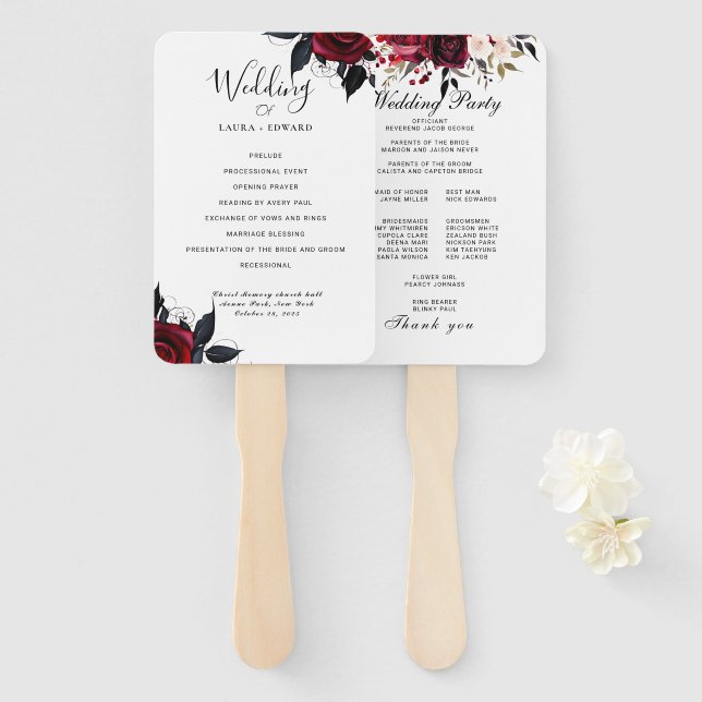 Abanico Burgundy Bliss: Elegante patrón de vino floral en  (Anverso y reverso)