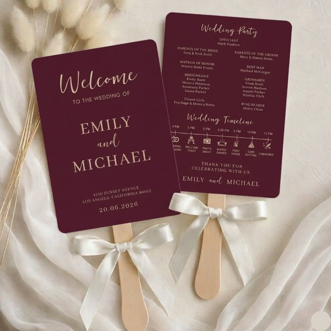 Abanico Burgundy Wedding Program Timeline Elegant Modern (Subido por el creador)