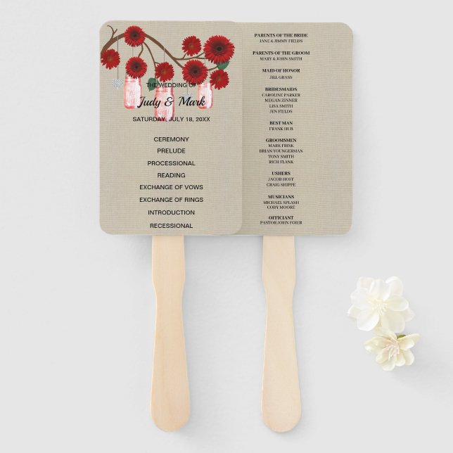 Abanico Burlap Rústico Floral Rojo Mason Jars Boda (Anverso y reverso)