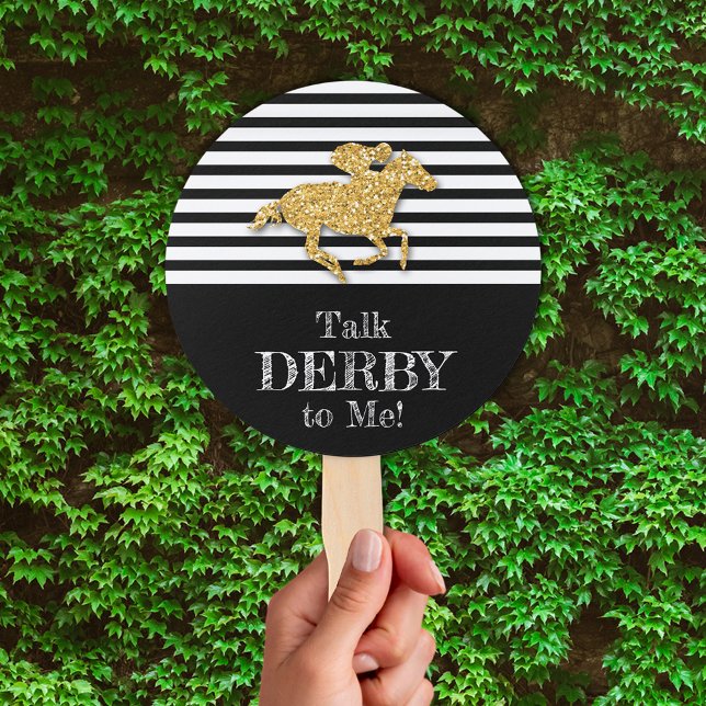Abanico Caballo de carreras Gold Derby Bandas negras y bla (Talk Derby to Me gold racehorse on black and white stripes hand fans)