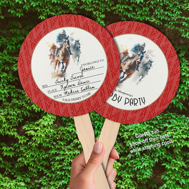 Abanico Caballos de carreras y Jockeys Derby Fiesta Red (Guests can write their derby bets on one side of these hand fans and stay cool at your party.)