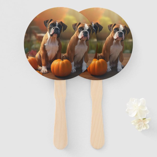 Abanico Cachorro Boxer Delicia de Otoño Calabaza  (Anverso y reverso)