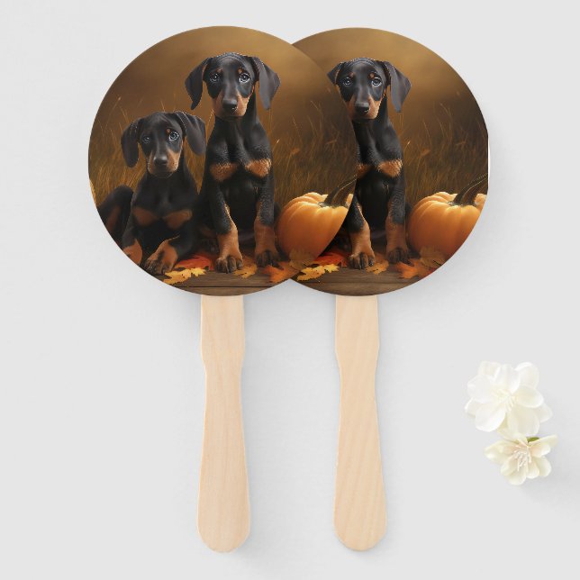 Abanico Calabaza deslumbrante Doberman Puppy Autumn (Anverso y reverso)