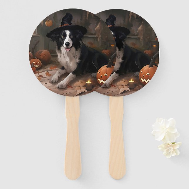 Abanico Calabazas Border Collie Halloween Espeluznantes (Anverso y reverso)