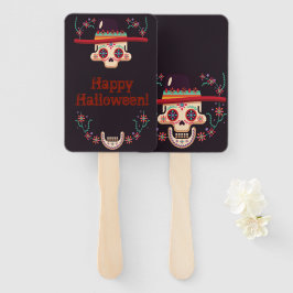 Abanico Calavera con sombrero y fiesta de Halloween floral