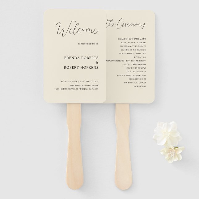 Abanico Caligrafía negra en ventilador de mano Boda beige (Anverso y reverso)