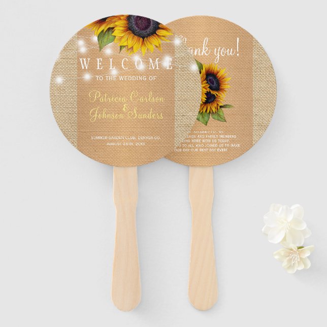 Abanico Campo de girasoles burlap oro boda (Anverso y reverso)