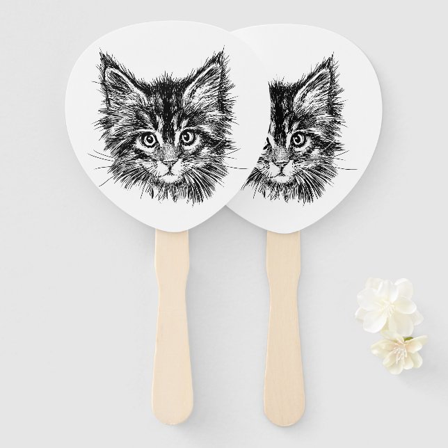 Abanico Cara de gatito negro y blanco (Anverso y reverso)