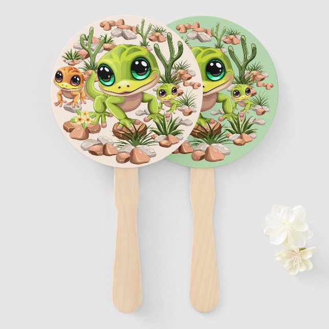 Abanico Caracteres de dibujos animados de Baby Geckos Cute (Anverso y reverso)