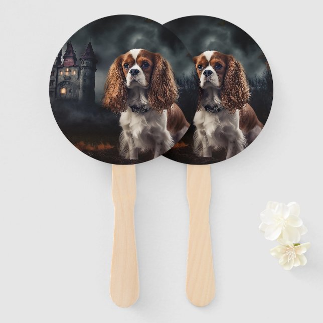 Abanico Cavalier King Charles Spaniel Halloween Scary (Anverso y reverso)