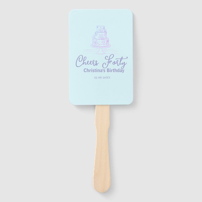 Abanico Cheers forty happy birthday cake blue purple name  (Anverso)