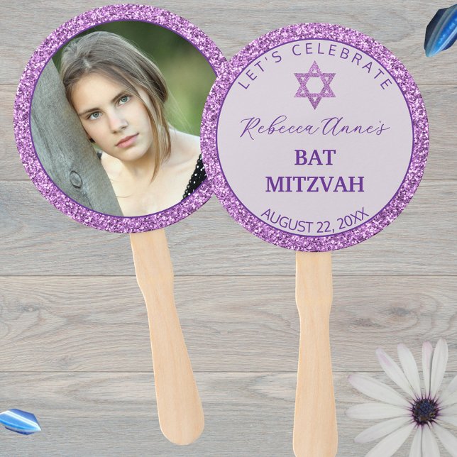 Abanico Chica de moda Glam Purple Foto del Fiesta Mitzvah (Just add your photo and custom text to these reversible Bat Mitzvah hand fans)