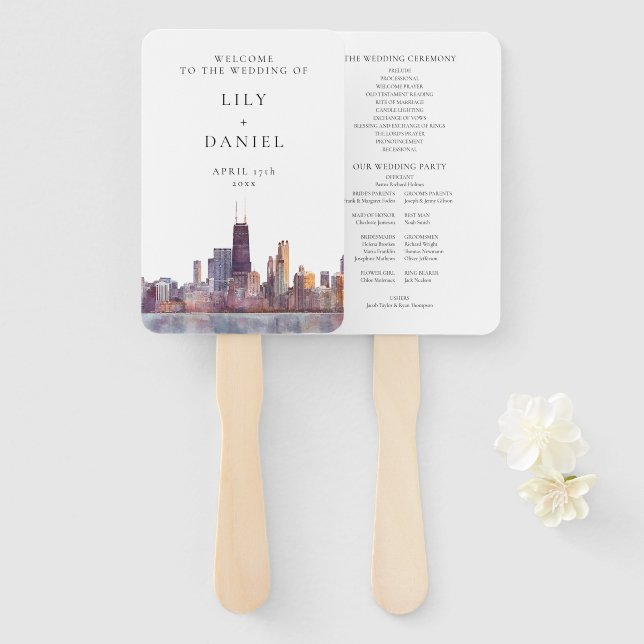 Abanico Chicago Skyline Watercolor Wedding Program (Anverso y reverso)