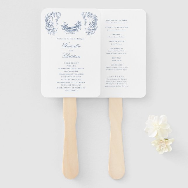 Abanico Chinoiserie Swans Blue White Wedding Program Fans (Anverso y reverso)
