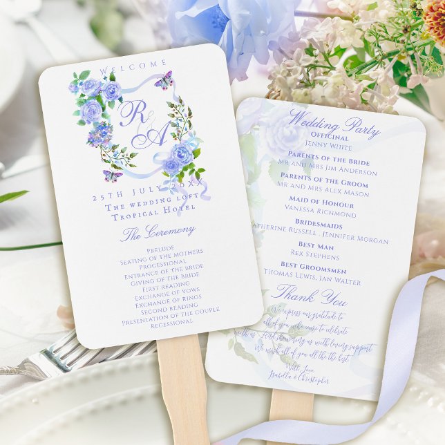Abanico Cinta de Rosa Azul Monograma Boda (Blue Rose Ribbon Monogram Wedding Hand Fan Program)