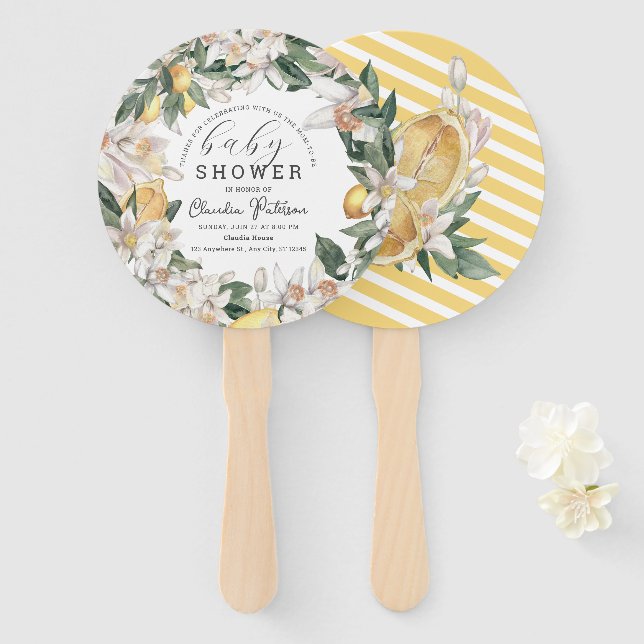 Abanico Citrus Lemon Floral Watercolor Baby Shower (Anverso y reverso)