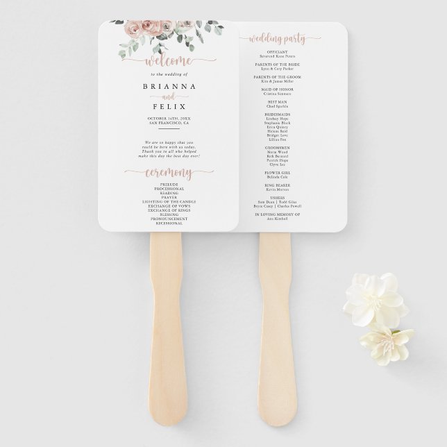 Abanico Clásico Rosa Polvoriento Floral de Rosa Boda  (Anverso y reverso)