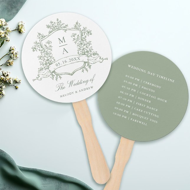 Abanico Classic Sage Green Crest Wedding Ceremony Timeline (Front & Back)