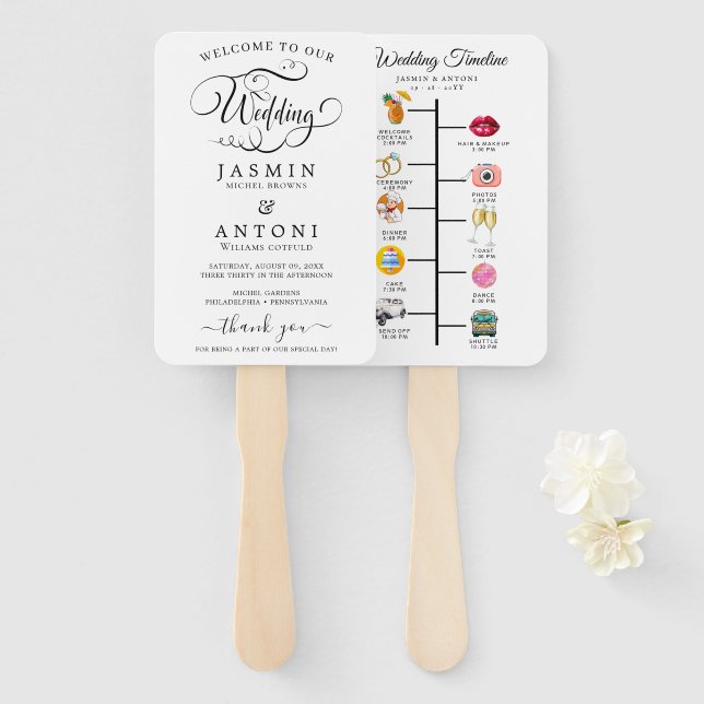 Abanico Classic Script Wedding Program and Timeline (Anverso y reverso)