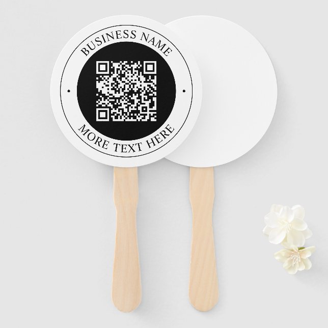 Abanico Código QR con nombre de empresa editable texto cir (Anverso y reverso)