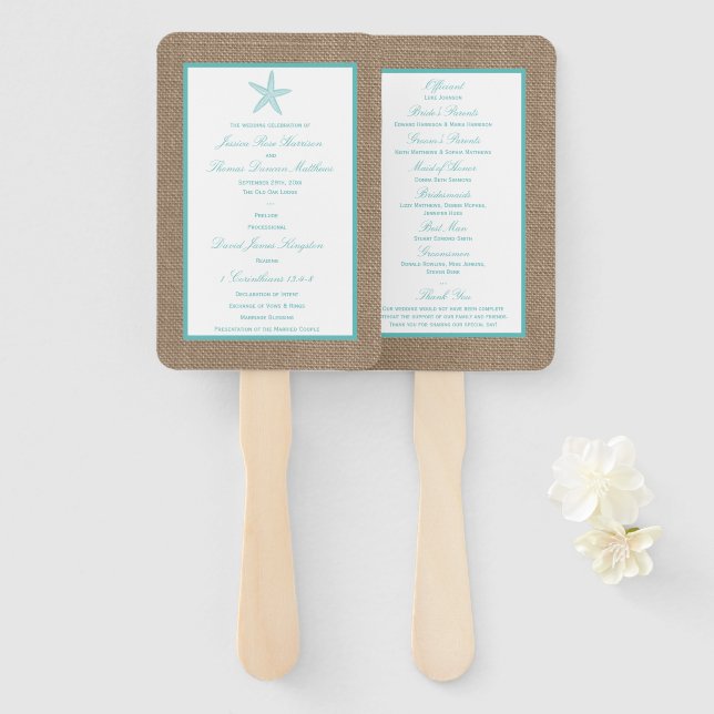 Abanico Colección Turquoise Starfish Burlap Beach Wedding (Anverso y reverso)