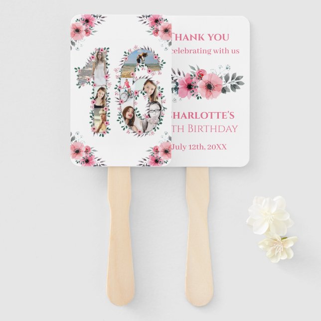 Abanico collage de fotos de cumpleaños 16 Chica rosa Flor  (Anverso y reverso)