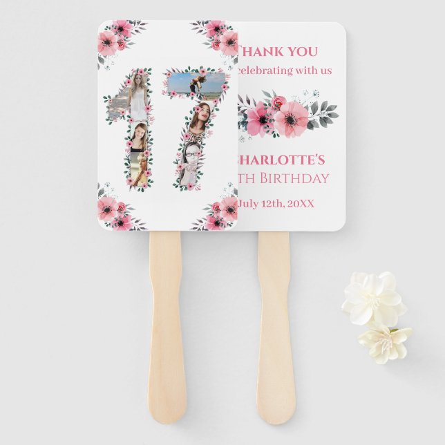 Abanico collage de fotos de cumpleaños 17 Chica rosa Flor  (Anverso y reverso)