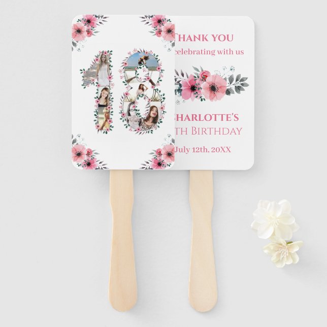 Abanico collage de fotos de cumpleaños 18 Chica rosa Flor  (Anverso y reverso)