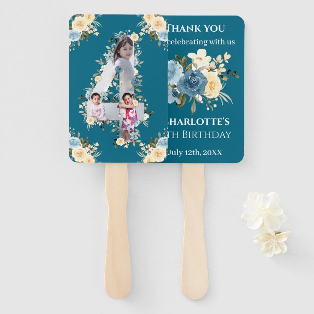 Abanico Collage de fotos verde azulado 4º cumpleaños Flor  (Anverso y reverso)