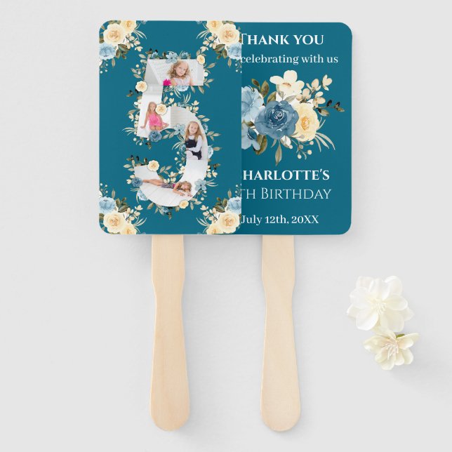 Abanico Collage de fotos verde azulado 5º cumpleaños Flor  (Anverso y reverso)