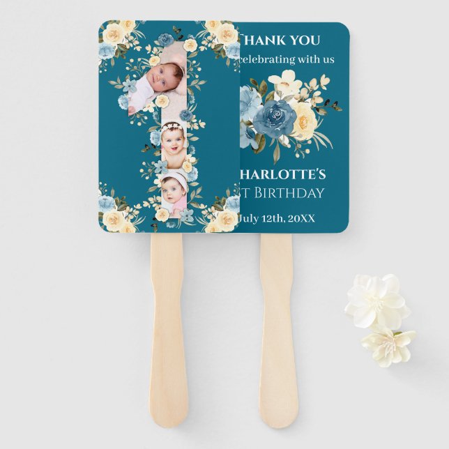 Abanico Collage de fotos verde azulado primer cumpleaños F (Anverso y reverso)