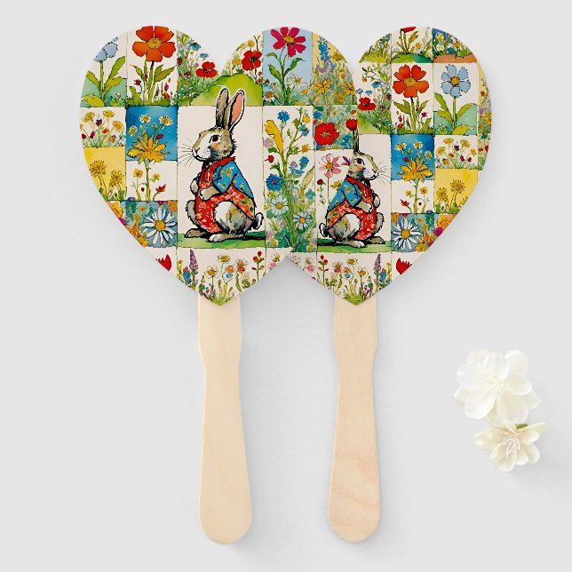 Abanico Conejo de Pascua Floral Patchwork (Anverso y reverso)