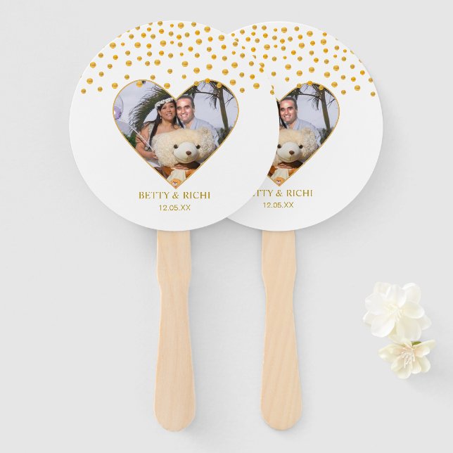 Abanico Confetti romántico de oro en blanco (Anverso y reverso)