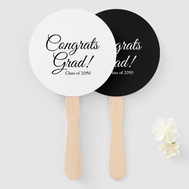 Abanico Congrats Grad clase de guión blanco negro año (Anverso y reverso)