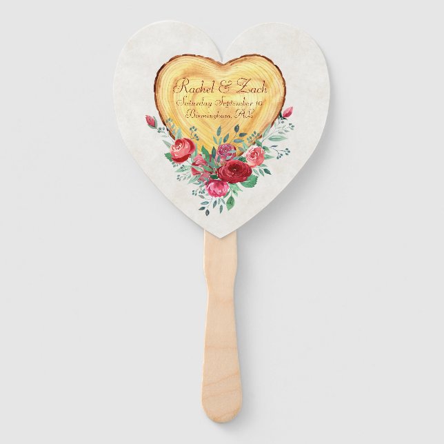 Abanico Corazón de madera y rosas Amor de campo   (Anverso)
