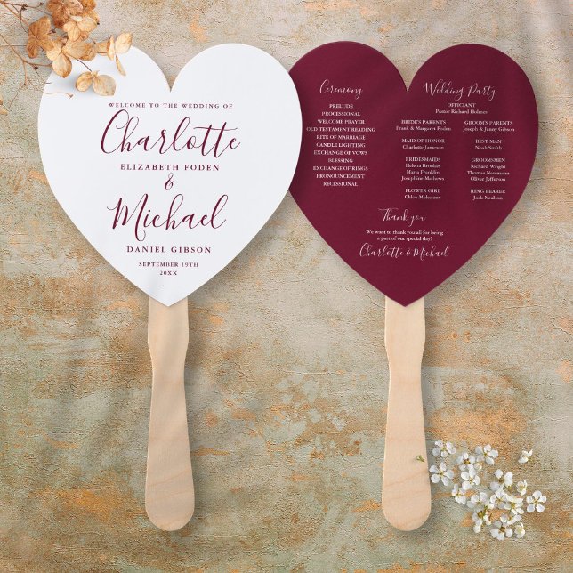 Abanico Corazón del programa de bodas con guión de borgoña (Burgundy Script Wedding Program Heart Hand Fan)