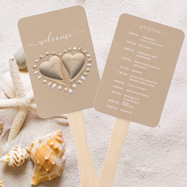Abanico Corazones de Arena para Boda en la Playa Programa  (Beach Wedding Sand Hearts Wedding Program Hand Fan )