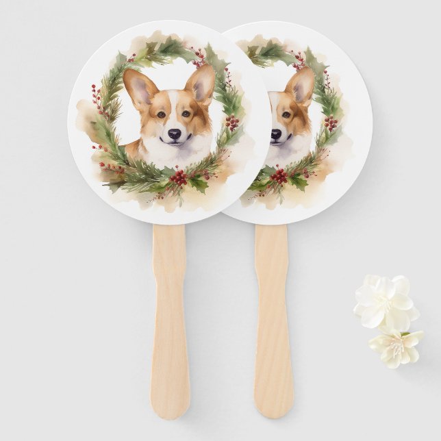 Abanico Corgi Navidades Wreath Festive Pup (Anverso y reverso)