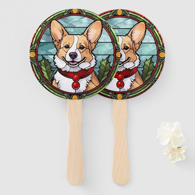Abanico Corgi Vidriera de Navidad (Anverso y reverso)