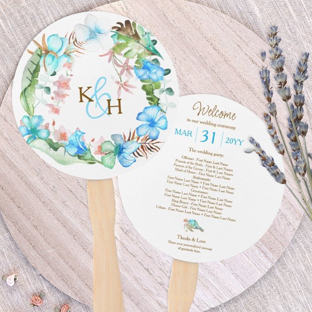 Abanico Corona de Boda de Hibisco Azul Tropical (tropical blue hibiscus wedding hand fans with sea turtle, hawaiian hibiscus flower wreath)