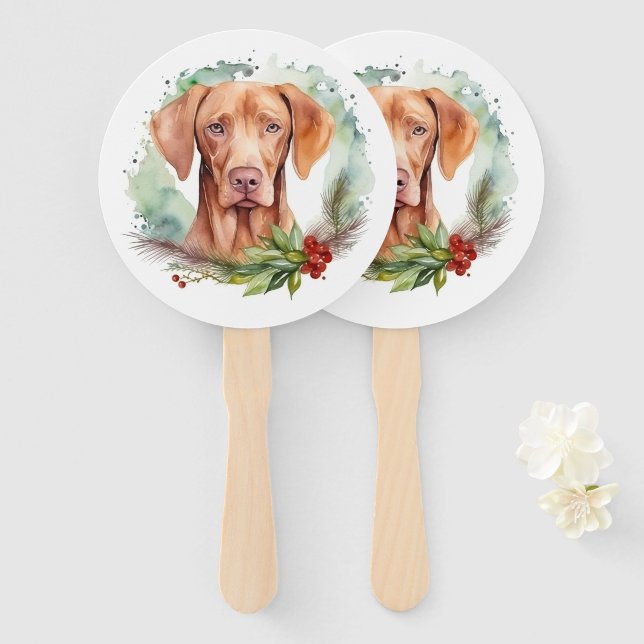 Abanico Corona de Navidad Vizsla Perro Festivo (Anverso y reverso)