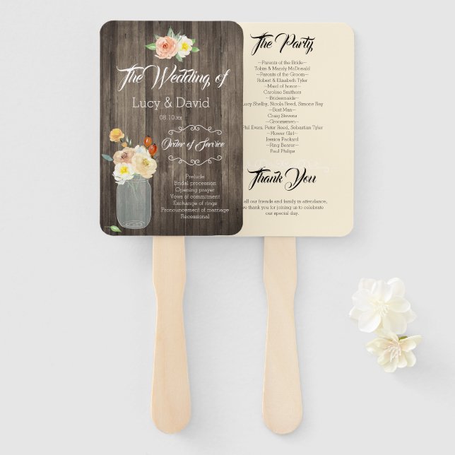Abanico Cream Floral Mason Jar Rustic Barn Wood Boda (Anverso y reverso)
