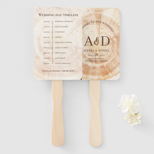 Abanico Cronología de Boda de Madera Rústica Recuerdo (Anverso y reverso)