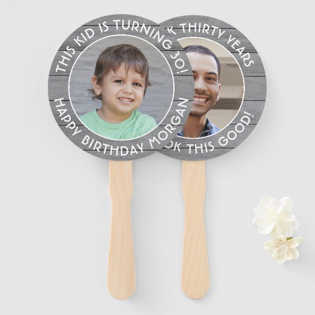 Abanico CUALQUIER cumpleaños 2 fotos Ronda simple de mader (Anverso y reverso)