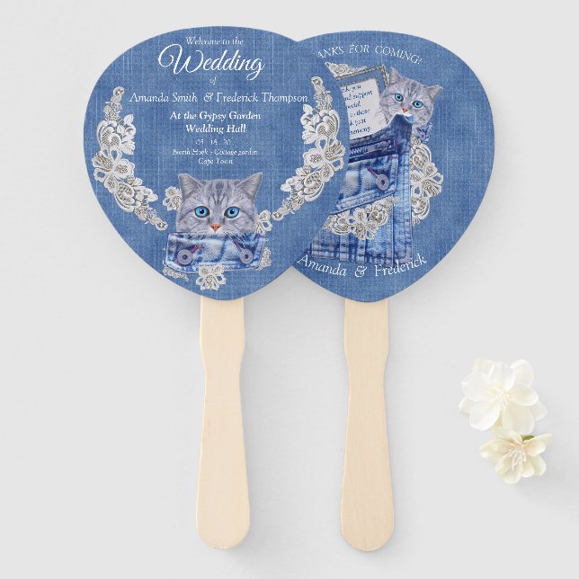 Abanico Cubos de Denim Jean, gatitos y encaje (Anverso y reverso)